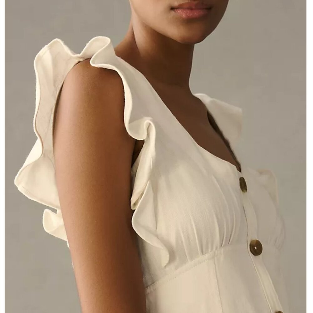 NWOT Anthropologie Pilcro Scoop-Neck Ruffle-Sleeve Buttondown Dress White Sz 10 - Picture 2 of 11